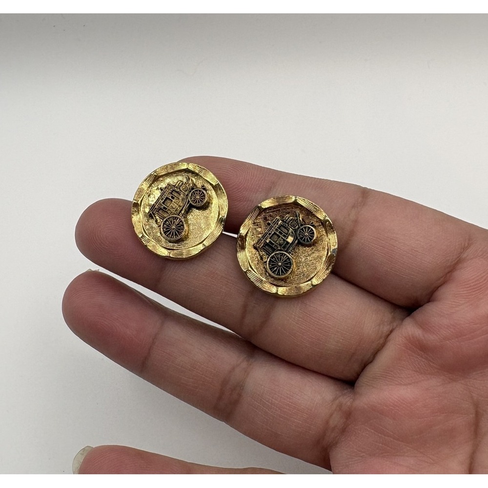 Vintage Gold‎ Tone Stagecoach Cufflinks Western Carriage Round Toggle Back Mens